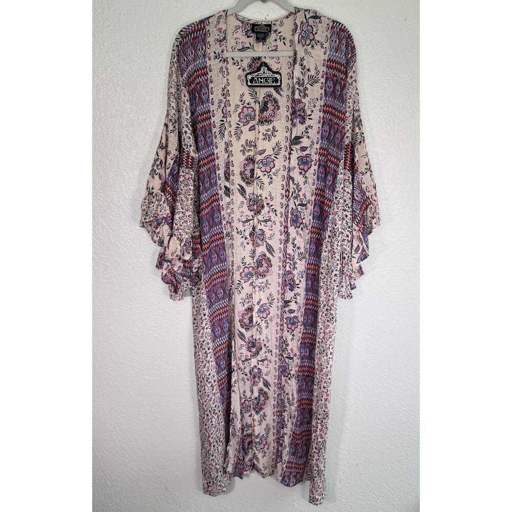 Angie Cardigan Womens Large Floral Kimono Duster Ruffle Sleeve Boho Festival NEW